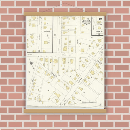 Old map wall art mockup — magnetic wood frame on brick wall — Sanborn Fire Insurance Map from Waxahachie, Ellis County, Texas (1909), Sheet #0012