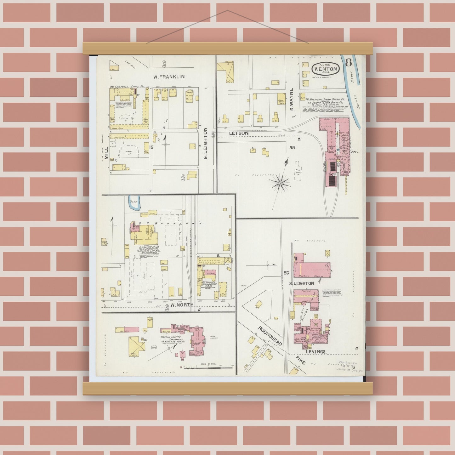 Old map wall art mockup — magnetic wood frame on brick wall — Sanborn Fire Insurance Map from Kenton, Hardin County, Ohio (1892), Sheet #0008