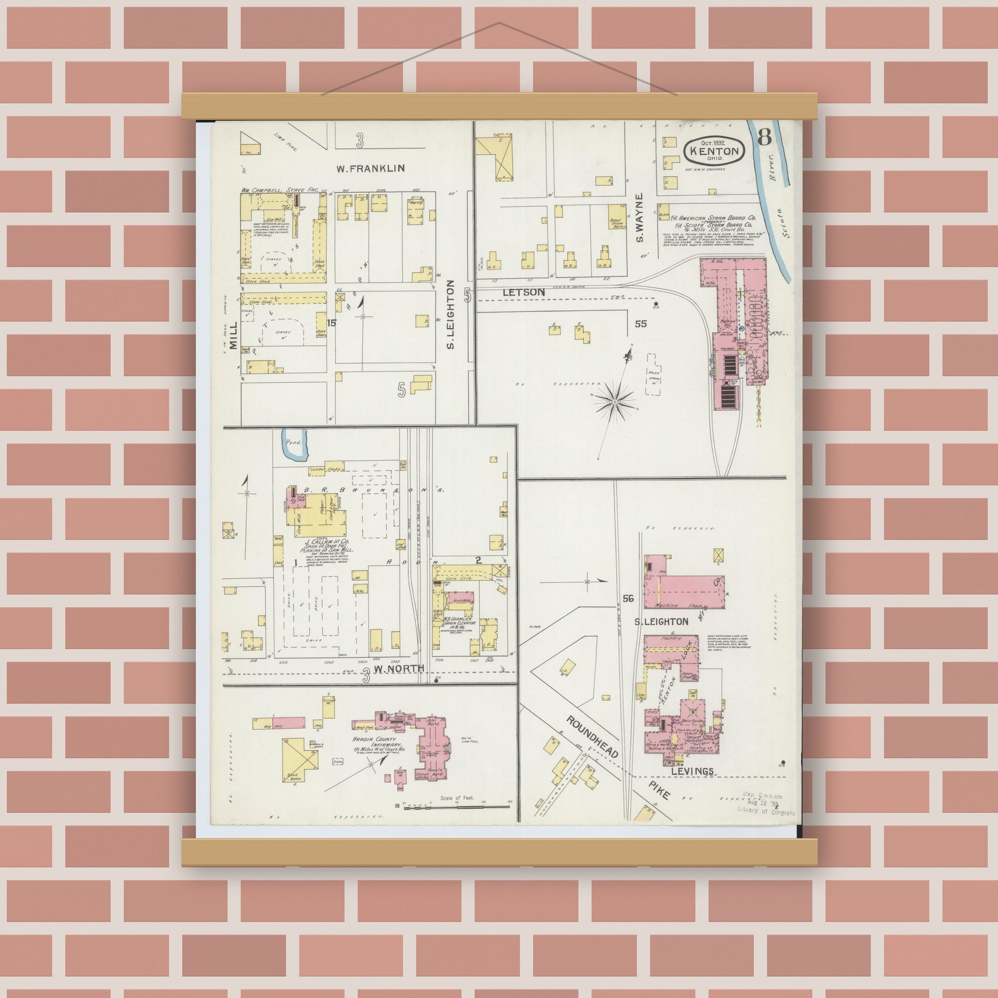 Old map wall art mockup — magnetic wood frame on brick wall — Sanborn Fire Insurance Map from Kenton, Hardin County, Ohio (1892), Sheet #0008