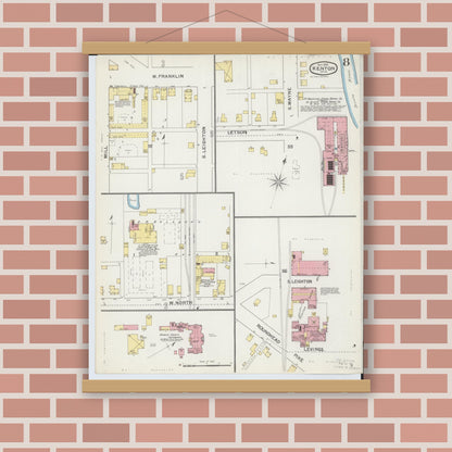 Old map wall art mockup — magnetic wood frame on brick wall — Sanborn Fire Insurance Map from Kenton, Hardin County, Ohio (1892), Sheet #0008