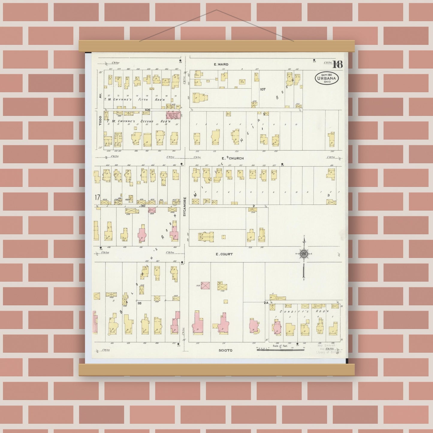 Old map wall art mockup — magnetic wood frame on brick wall — Sanborn Fire Insurance Map from Urbana, Champaign County, Ohio (1910), Sheet #0018