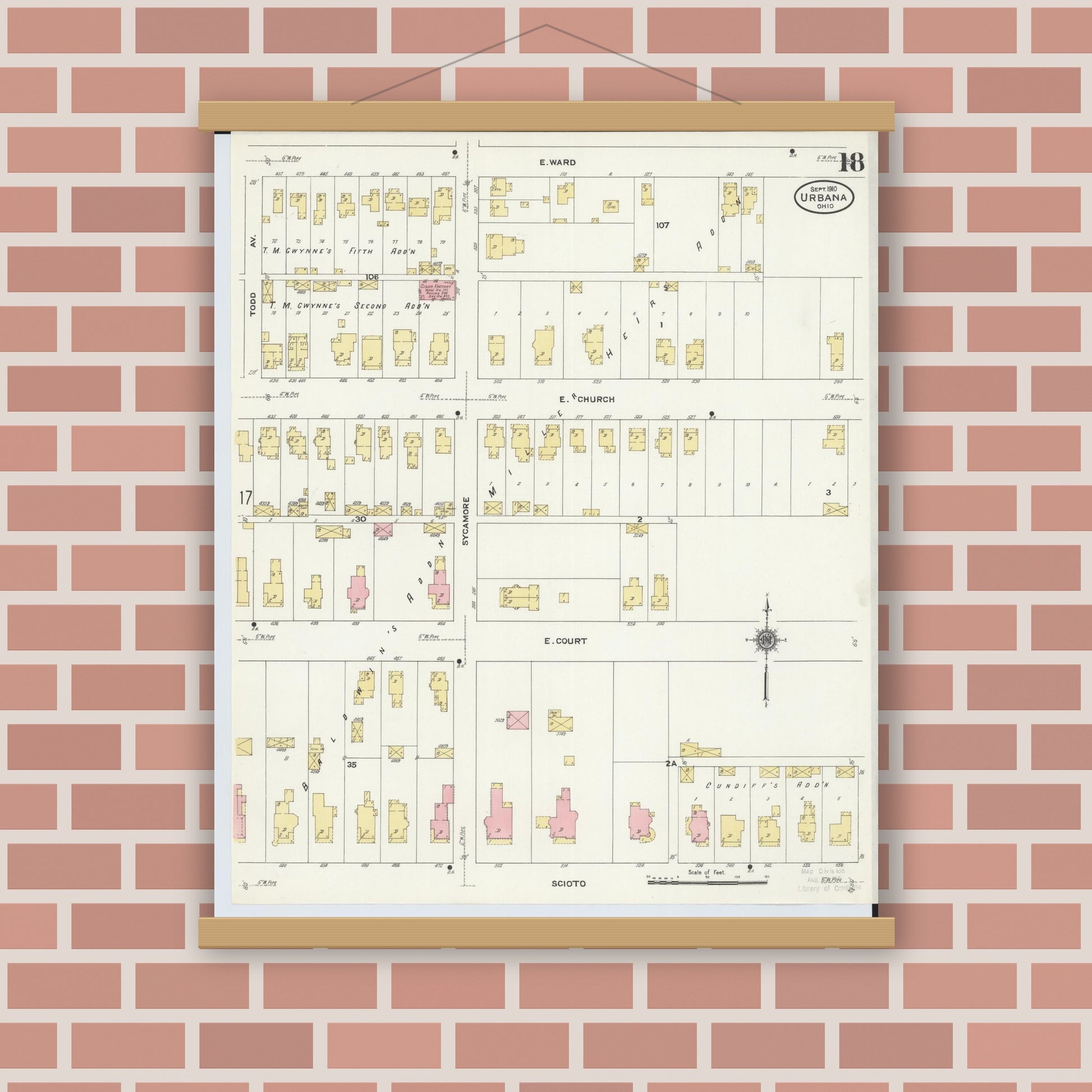 Old map wall art mockup — magnetic wood frame on brick wall — Sanborn Fire Insurance Map from Urbana, Champaign County, Ohio (1910), Sheet #0018
