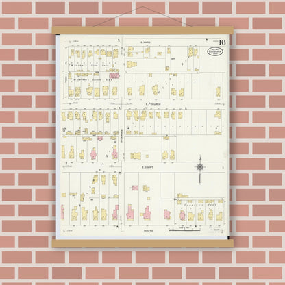 Old map wall art mockup — magnetic wood frame on brick wall — Sanborn Fire Insurance Map from Urbana, Champaign County, Ohio (1910), Sheet #0018