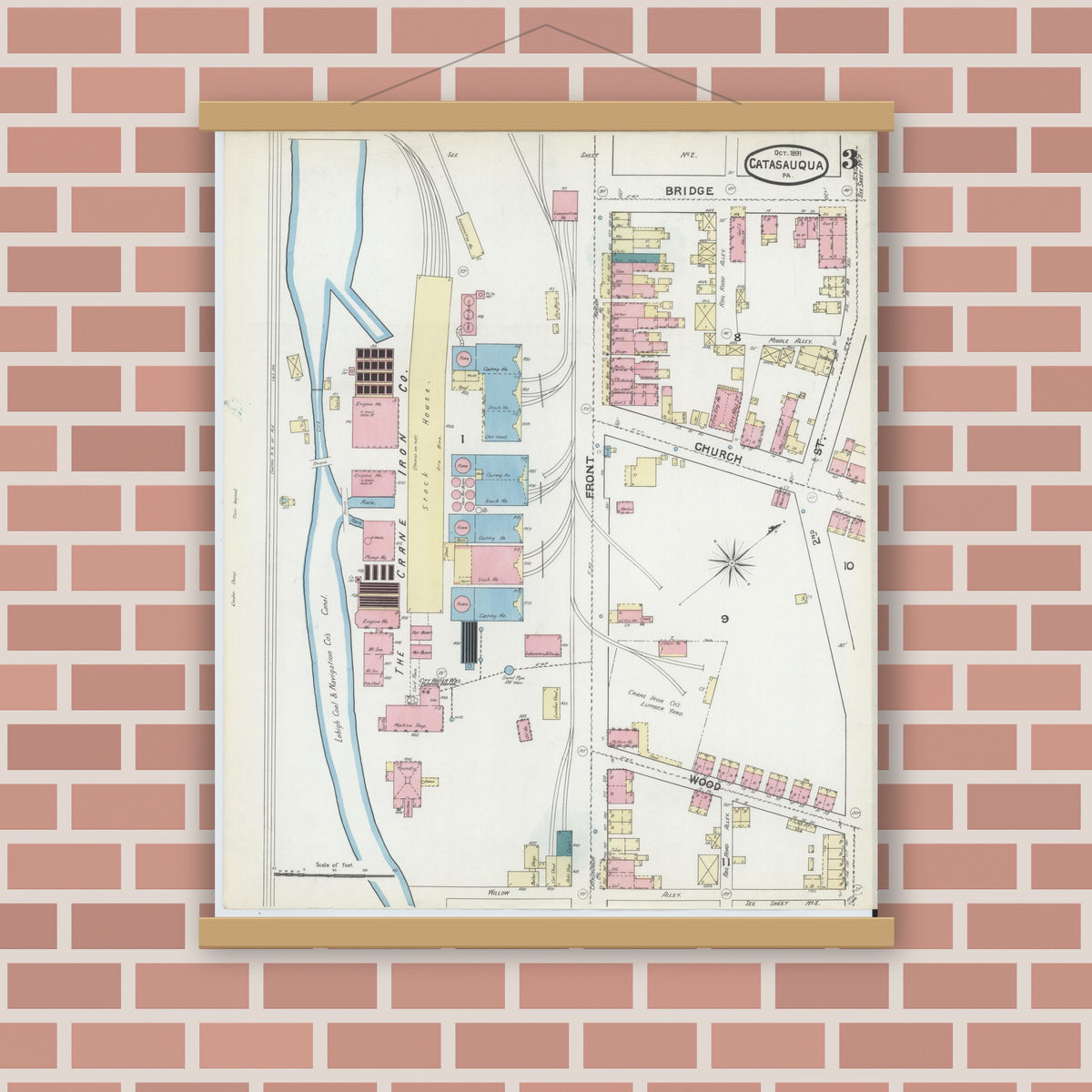 Old map wall art mockup — magnetic wood frame on brick wall — Sanborn Fire Insurance Map from Catasauqua, Lehigh County, Pennsylvania (1891), Sheet #0003