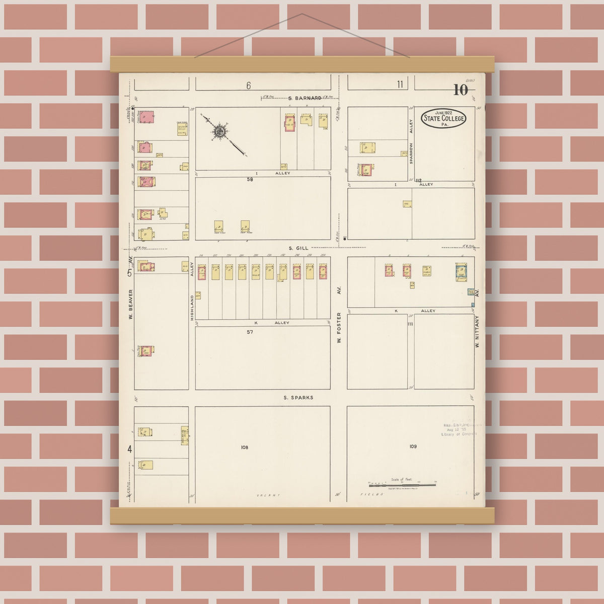 Old map wall art mockup — magnetic wood frame on brick wall — Sanborn Fire Insurance Map from State College, Centre County, Pennsylvania (1922), Sheet #0010
