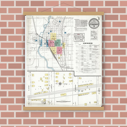 Old map wall art mockup — magnetic wood frame on brick wall — Sanborn Fire Insurance Map from Estherville, Emmet County, Iowa (1920), Sheet #0001