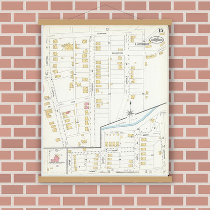 Old map wall art mockup — magnetic wood frame on brick wall — Sanborn Fire Insurance Map from Canonsburg, Washington County, Pennsylvania (1907), Sheet #0015