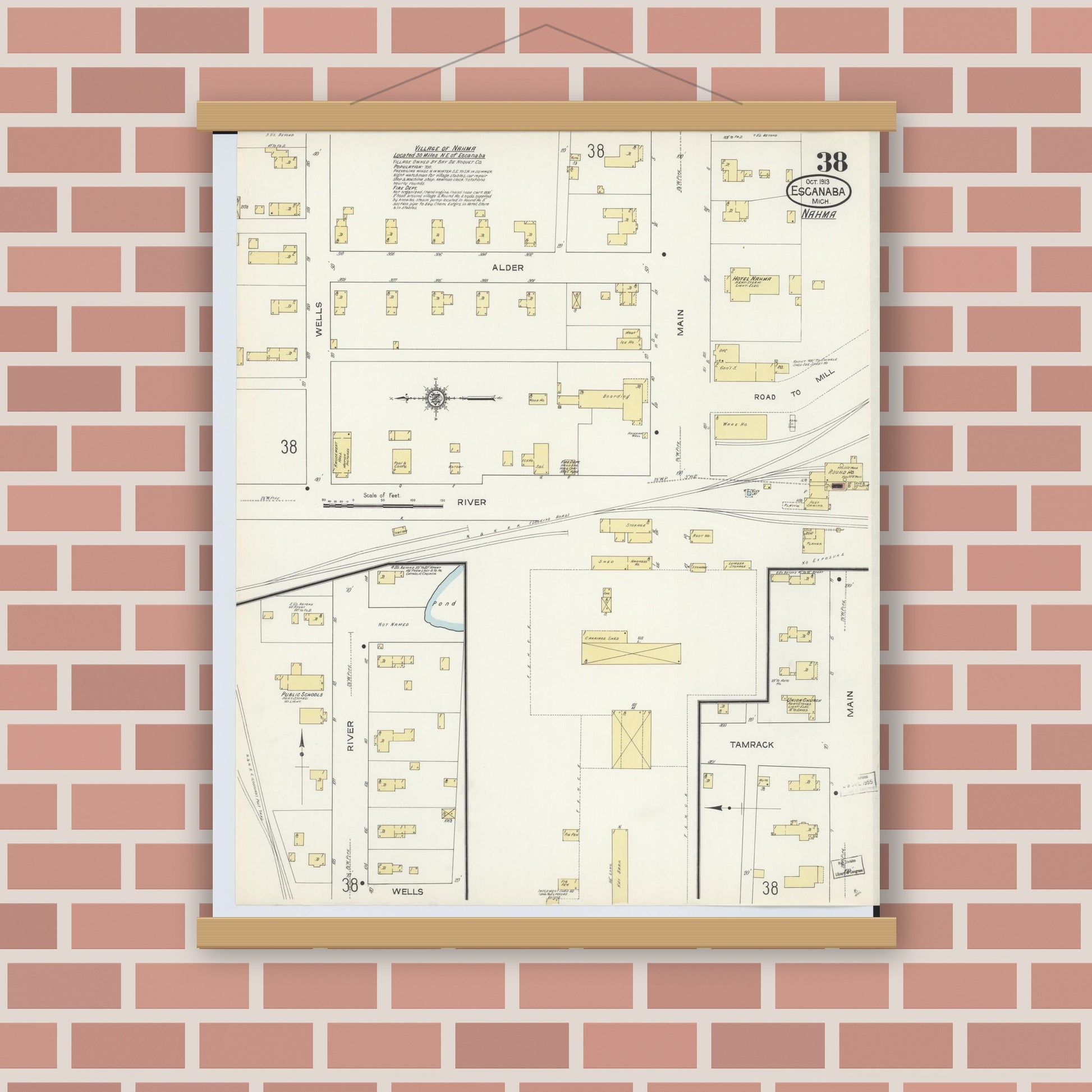 Old map wall art mockup — magnetic wood frame on brick wall — Sanborn Fire Insurance Map from Escanaba, Delta County, Michigan (1913), Sheet #0038