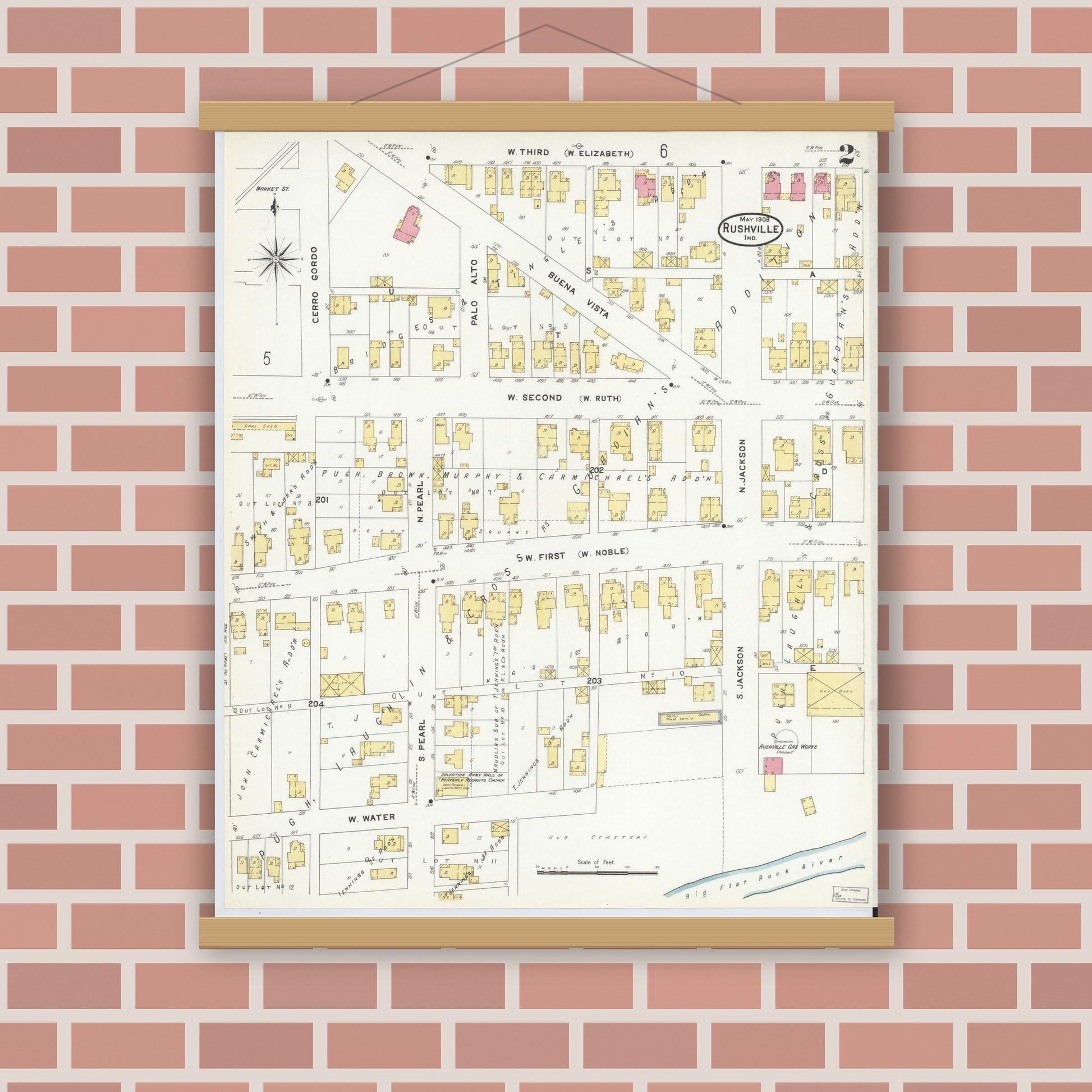 Old map wall art mockup — magnetic wood frame on brick wall — Sanborn Fire Insurance Map from Rushville, Rush County, Indiana (1908), Sheet #0002
