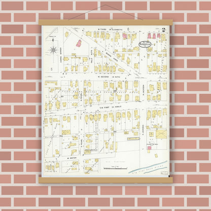 Old map wall art mockup — magnetic wood frame on brick wall — Sanborn Fire Insurance Map from Rushville, Rush County, Indiana (1908), Sheet #0002