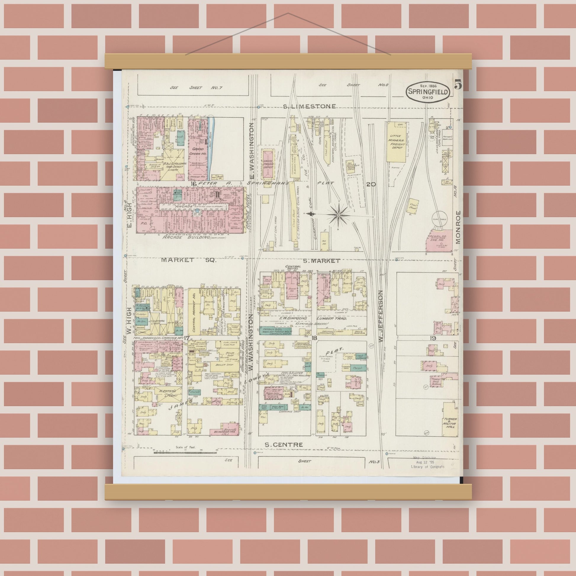 Old map wall art mockup — magnetic wood frame on brick wall — Sanborn Fire Insurance Map from Springfield, Clark County, Ohio (1886), Sheet #0005