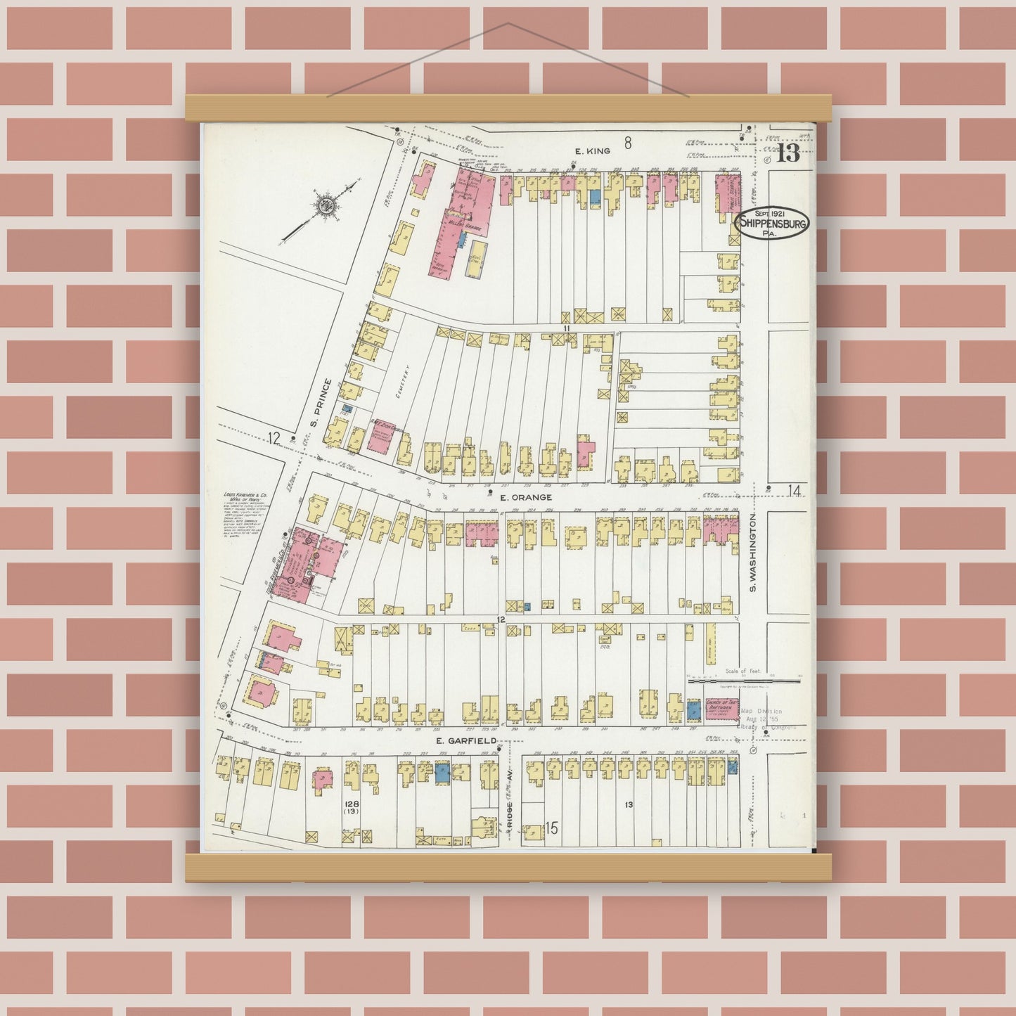 Old map wall art mockup — magnetic wood frame on brick wall — Sanborn Fire Insurance Map from Shippensburg, Cumberland And Franklin Counties, Pennsylvania (1921), Sheet #0013