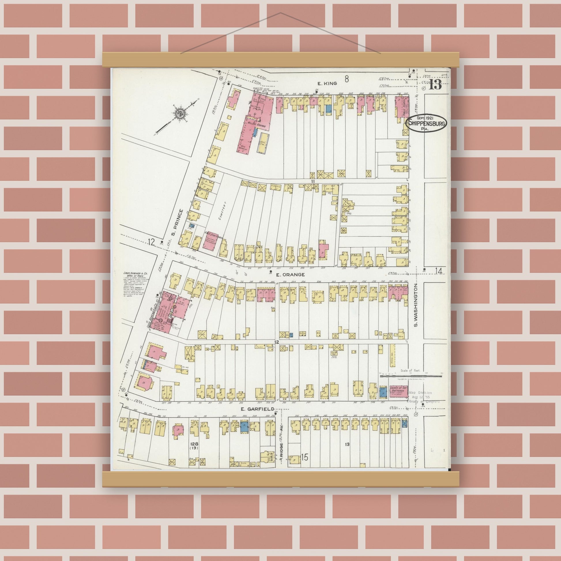 Old map wall art mockup — magnetic wood frame on brick wall — Sanborn Fire Insurance Map from Shippensburg, Cumberland And Franklin Counties, Pennsylvania (1921), Sheet #0013