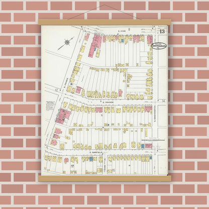Old map wall art mockup — magnetic wood frame on brick wall — Sanborn Fire Insurance Map from Shippensburg, Cumberland And Franklin Counties, Pennsylvania (1921), Sheet #0013
