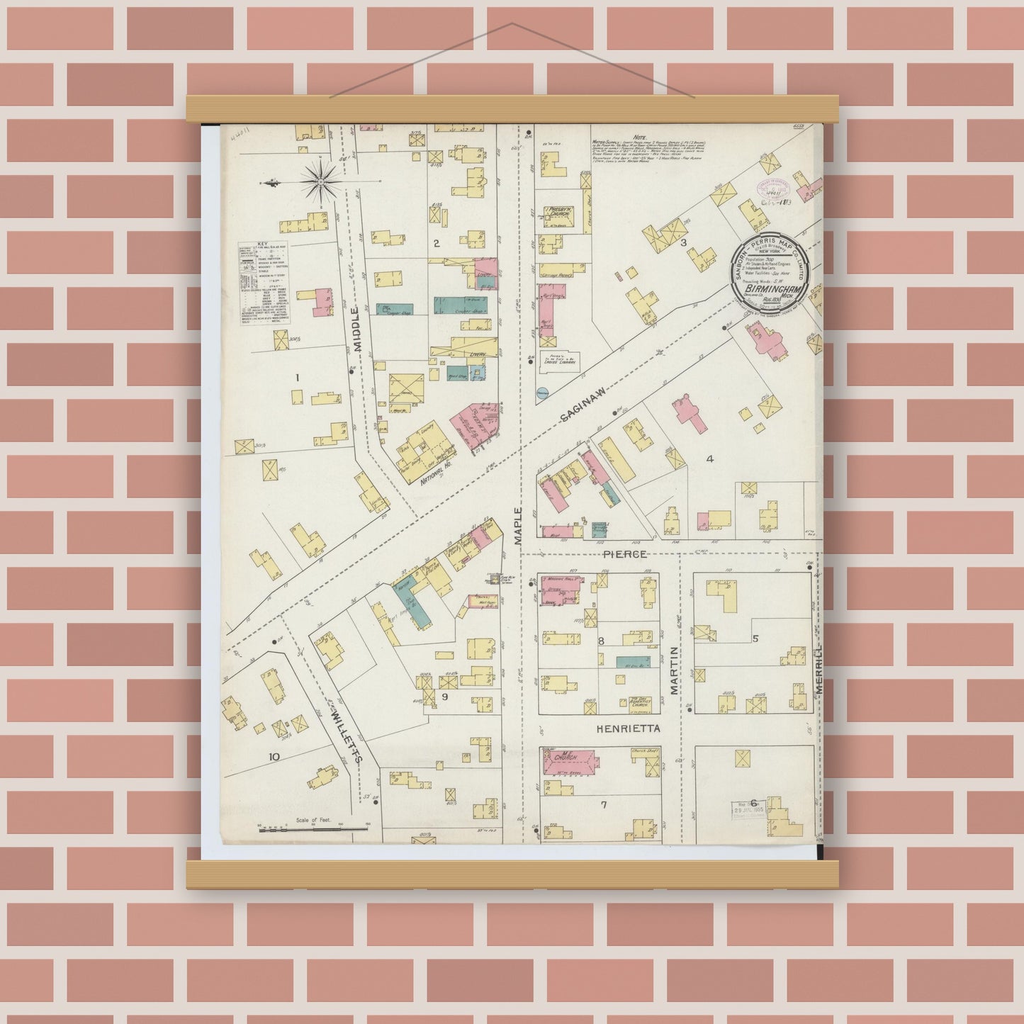 Old map wall art mockup — magnetic wood frame on brick wall — Sanborn Fire Insurance Map from Birmingham, Oakland County, Michigan (1893), Sheet #0001