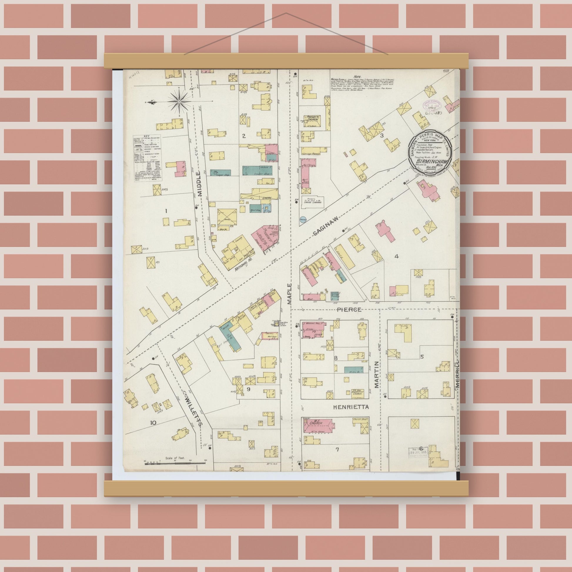 Old map wall art mockup — magnetic wood frame on brick wall — Sanborn Fire Insurance Map from Birmingham, Oakland County, Michigan (1893), Sheet #0001