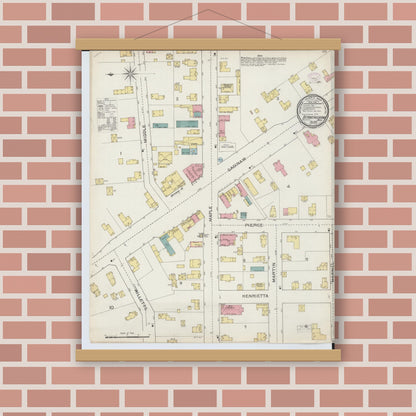 Old map wall art mockup — magnetic wood frame on brick wall — Sanborn Fire Insurance Map from Birmingham, Oakland County, Michigan (1893), Sheet #0001