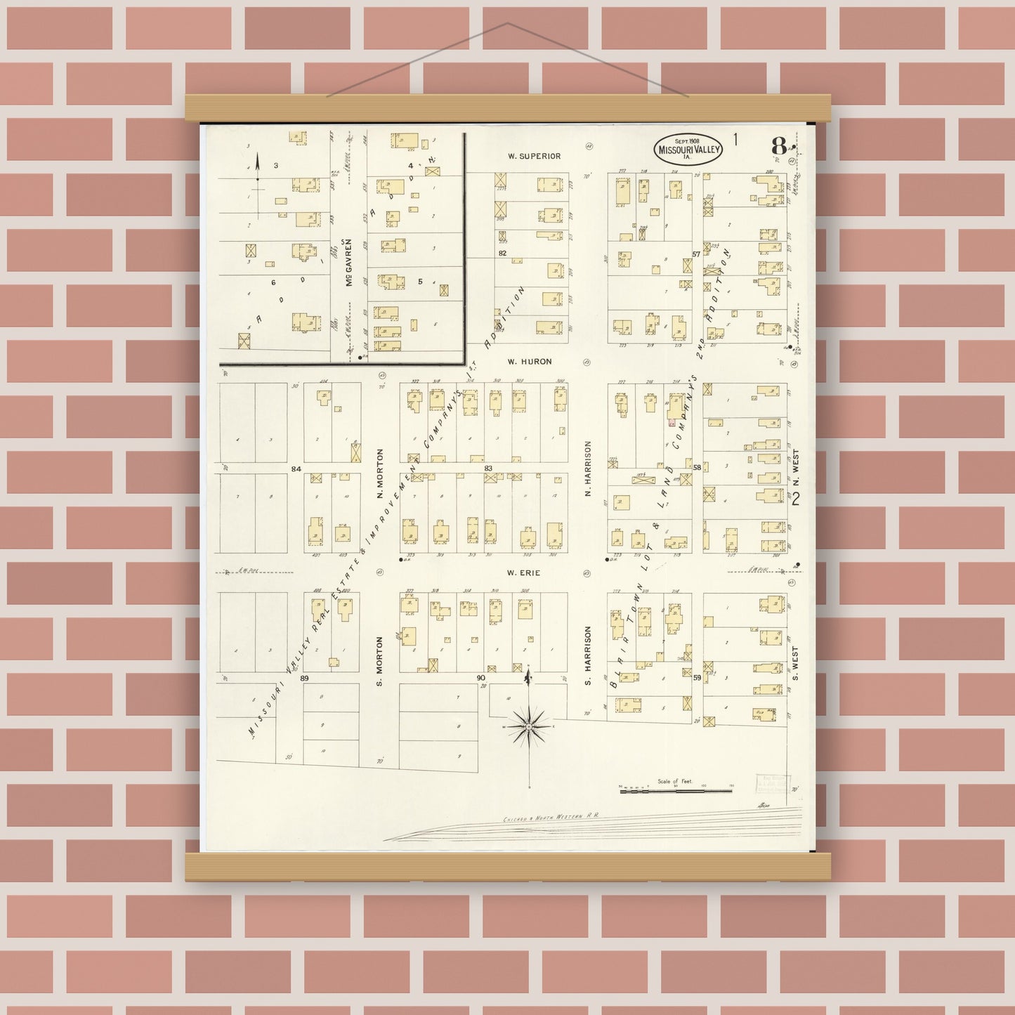 Old map wall art mockup — magnetic wood frame on brick wall — Sanborn Fire Insurance Map from Missouri Valley, Harrison County, Iowa (1908), Sheet #0008