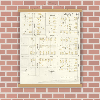 Old map wall art mockup — magnetic wood frame on brick wall — Sanborn Fire Insurance Map from Missouri Valley, Harrison County, Iowa (1908), Sheet #0008