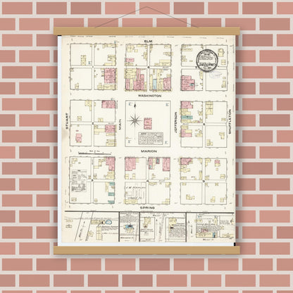 Old map wall art mockup — magnetic wood frame on brick wall — Sanborn Fire Insurance Map from Sigourney, Kiokuk County, Iowa (1883), Sheet #0001