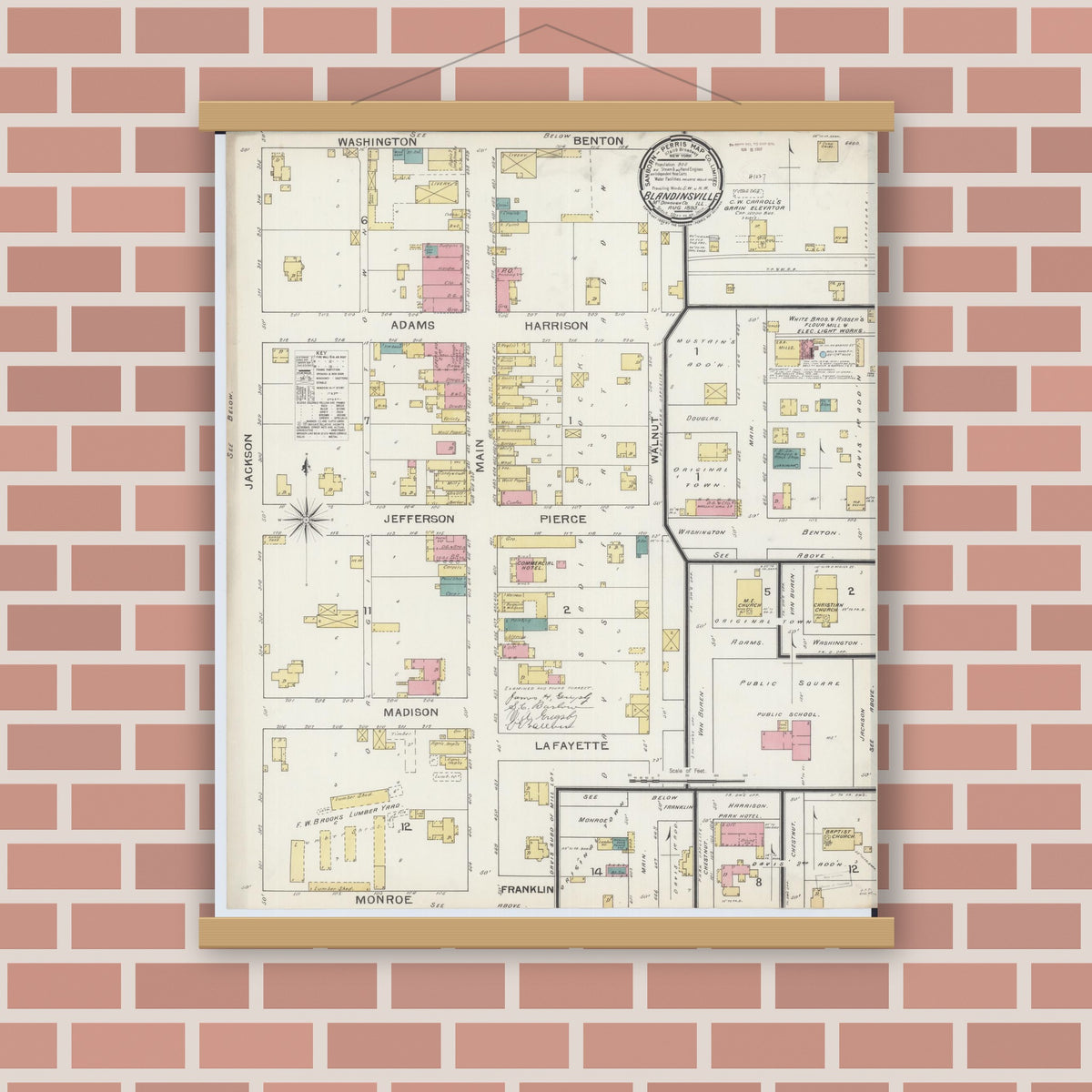 Old map wall art mockup — magnetic wood frame on brick wall — Sanborn Fire Insurance Map from Blandinsville, Mcdonough County, Illinois (1893), Sheet #0001