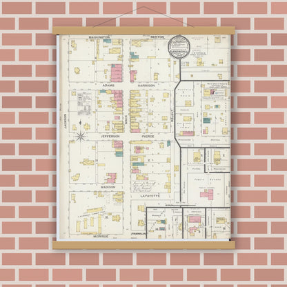 Old map wall art mockup — magnetic wood frame on brick wall — Sanborn Fire Insurance Map from Blandinsville, Mcdonough County, Illinois (1893), Sheet #0001