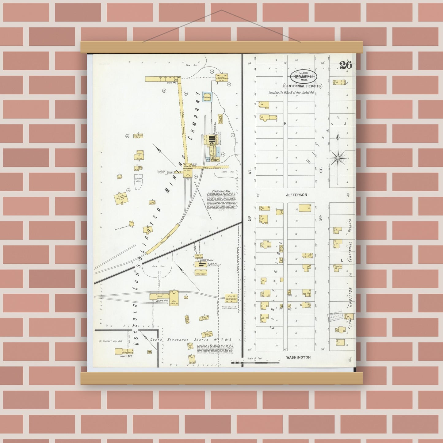 Old map wall art mockup — magnetic wood frame on brick wall — Sanborn Fire Insurance Map from Red Jacket, Houghton County, Michigan (1900), Sheet #0026