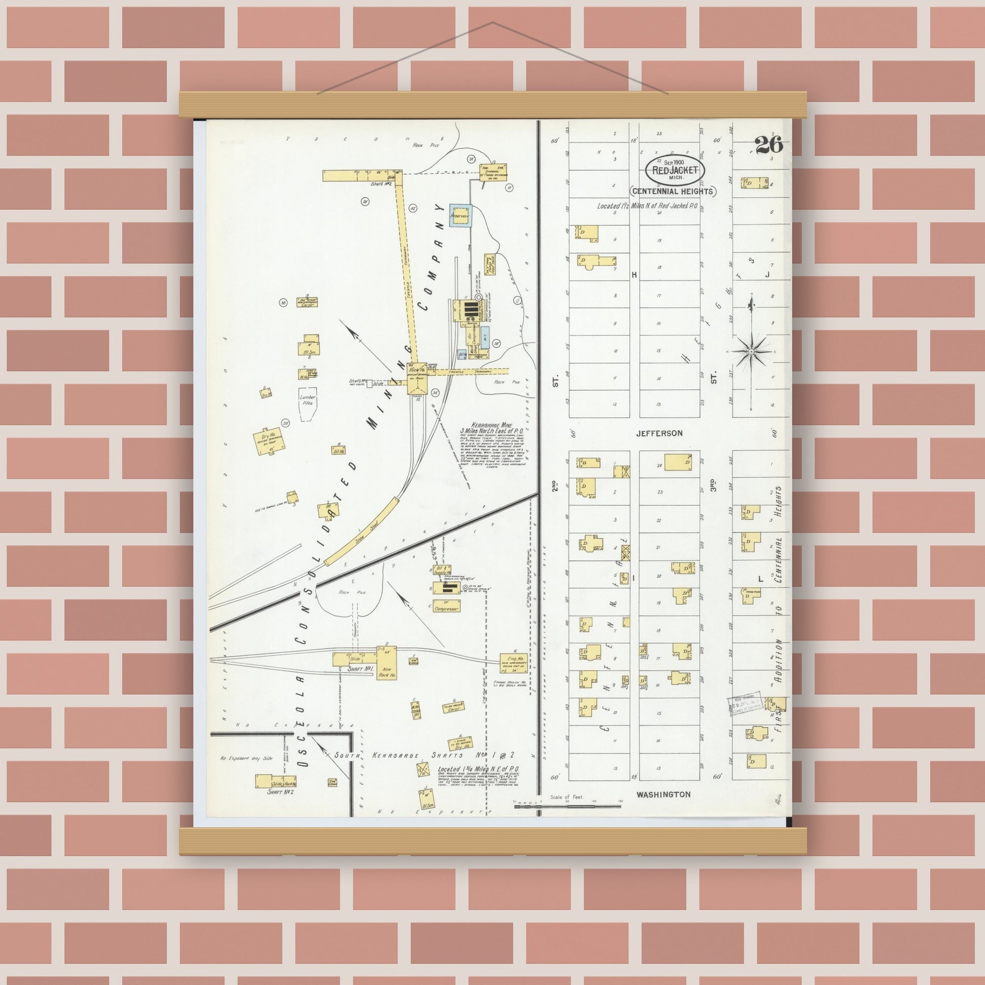 Old map wall art mockup — magnetic wood frame on brick wall — Sanborn Fire Insurance Map from Red Jacket, Houghton County, Michigan (1900), Sheet #0026