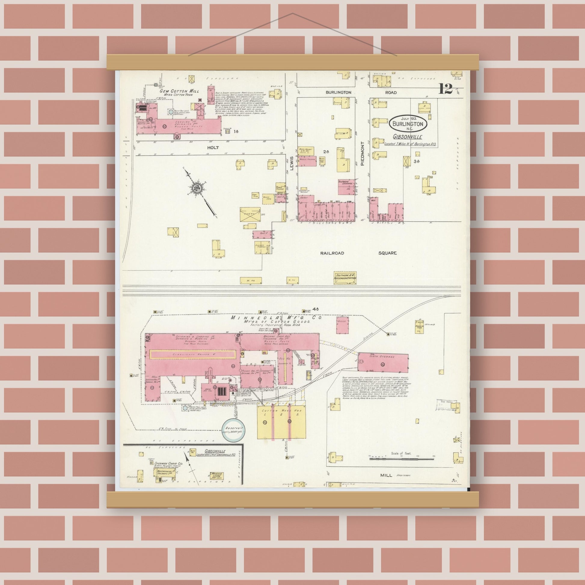Old map wall art mockup — magnetic wood frame on brick wall — Sanborn Fire Insurance Map from Burlington, Alamance County, North Carolina (1913), Sheet #0012
