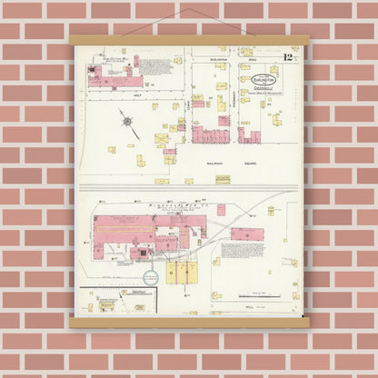 Old map wall art mockup — magnetic wood frame on brick wall — Sanborn Fire Insurance Map from Burlington, Alamance County, North Carolina (1913), Sheet #0012
