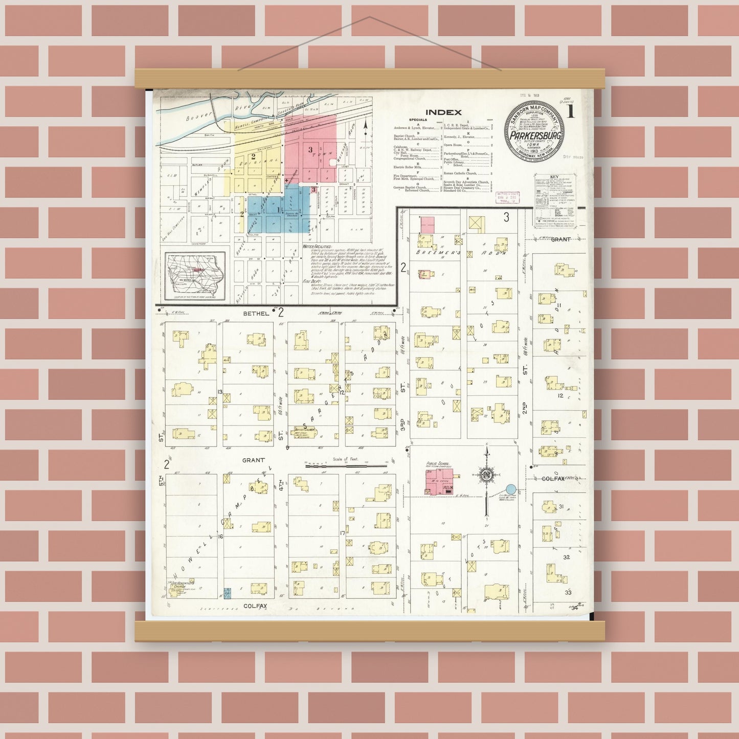 Old map wall art mockup — magnetic wood frame on brick wall — Sanborn Fire Insurance Map from Parkersburg, Butler County, Iowa (1913) â€” Complete Set