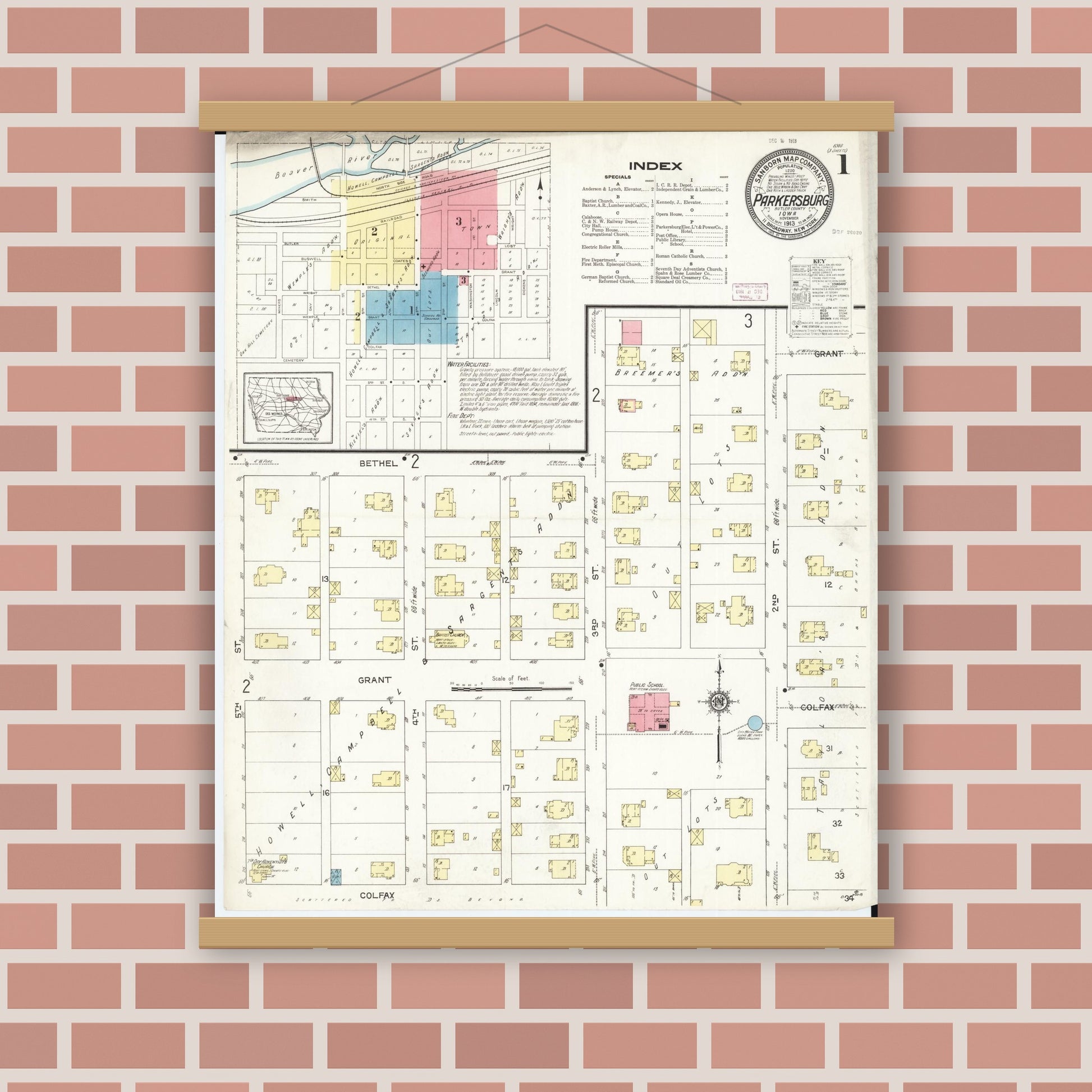 Old map wall art mockup — magnetic wood frame on brick wall — Sanborn Fire Insurance Map from Parkersburg, Butler County, Iowa (1913) â€” Complete Set