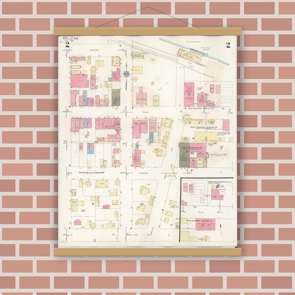 Old map wall art mockup — magnetic wood frame on brick wall — Sanborn Fire Insurance Map from Kewaunee, Kewaunee County, Wisconsin (1941), Sheet #0002
