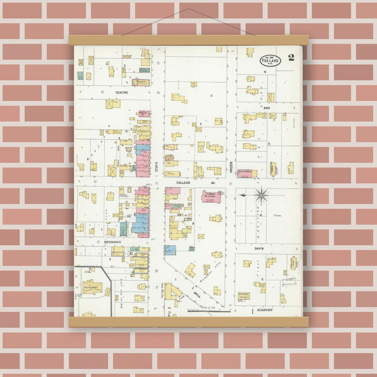 Old map wall art mockup — magnetic wood frame on brick wall — Sanborn Fire Insurance Map from Fox Lake, Dodge County, Wisconsin (1904), Sheet #0002