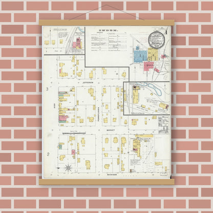 Old map wall art mockup — magnetic wood frame on brick wall — Sanborn Fire Insurance Map from Rockville, Parke County, Indiana (1898), Sheet #0001