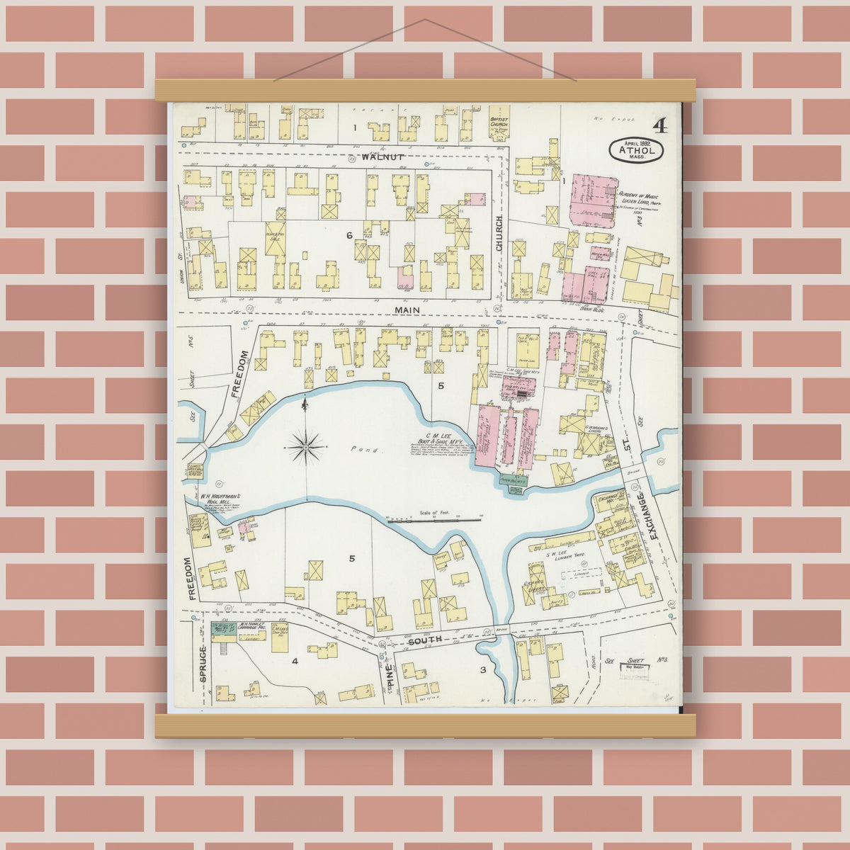 Old map wall art mockup — magnetic wood frame on brick wall — Sanborn Fire Insurance Map from Athol, Worcester County, Massachusetts (1892), Sheet #0004