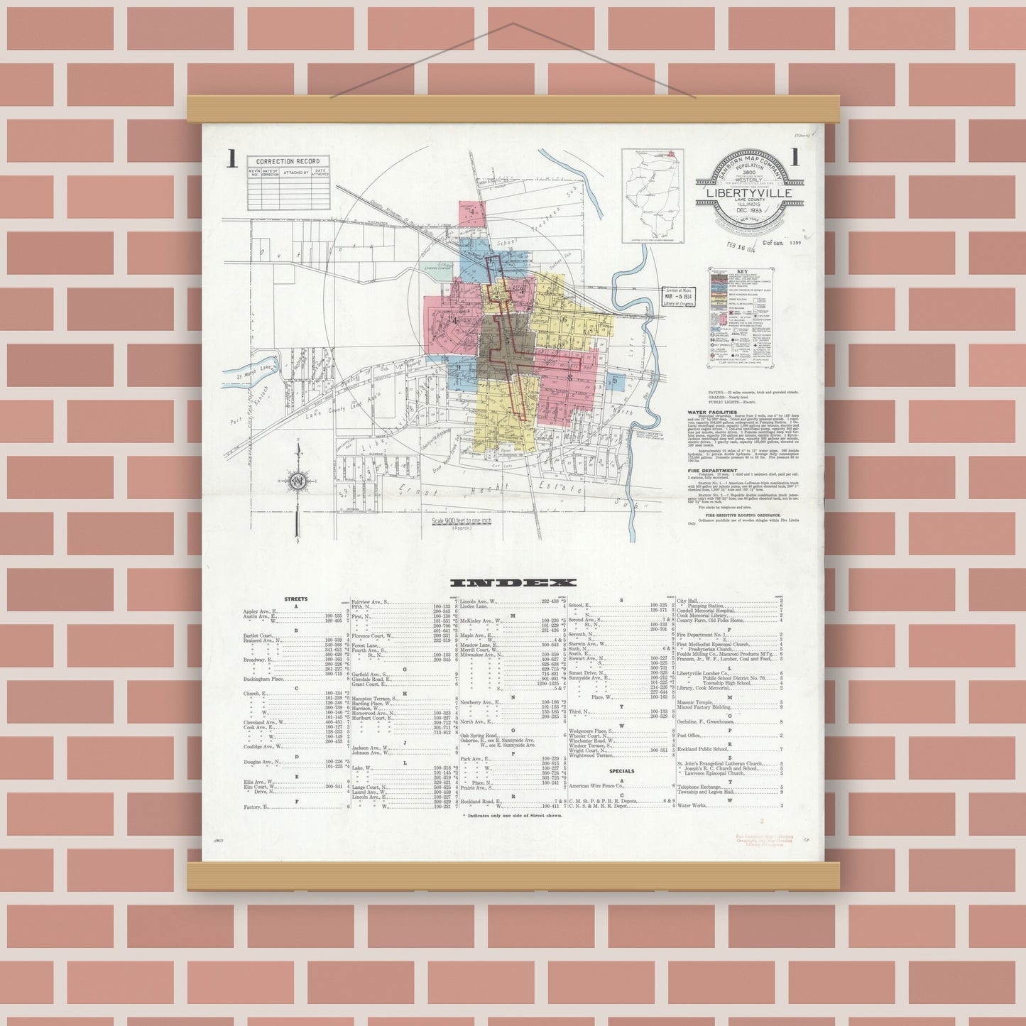 Old map wall art mockup — magnetic wood frame on brick wall — Sanborn Fire Insurance Map from Libertyville, Lake County, Illinois (1933), Sheet #0001