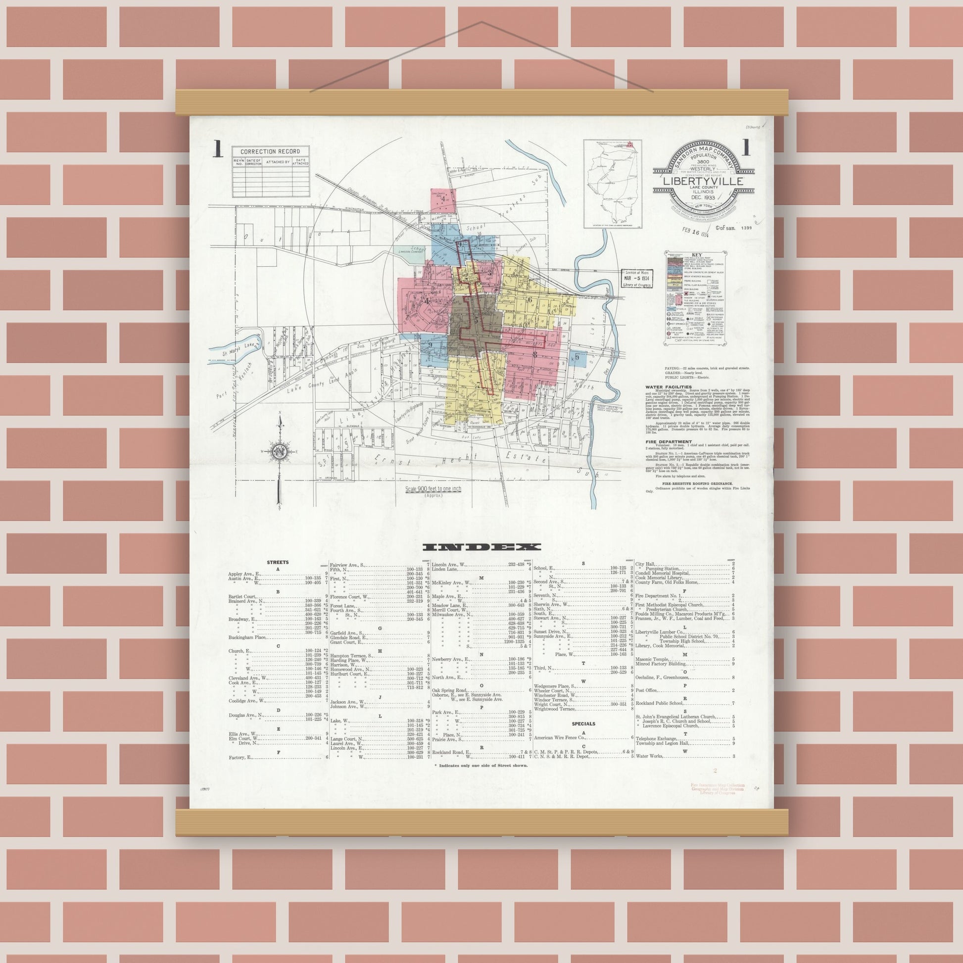 Old map wall art mockup — magnetic wood frame on brick wall — Sanborn Fire Insurance Map from Libertyville, Lake County, Illinois (1933), Sheet #0001