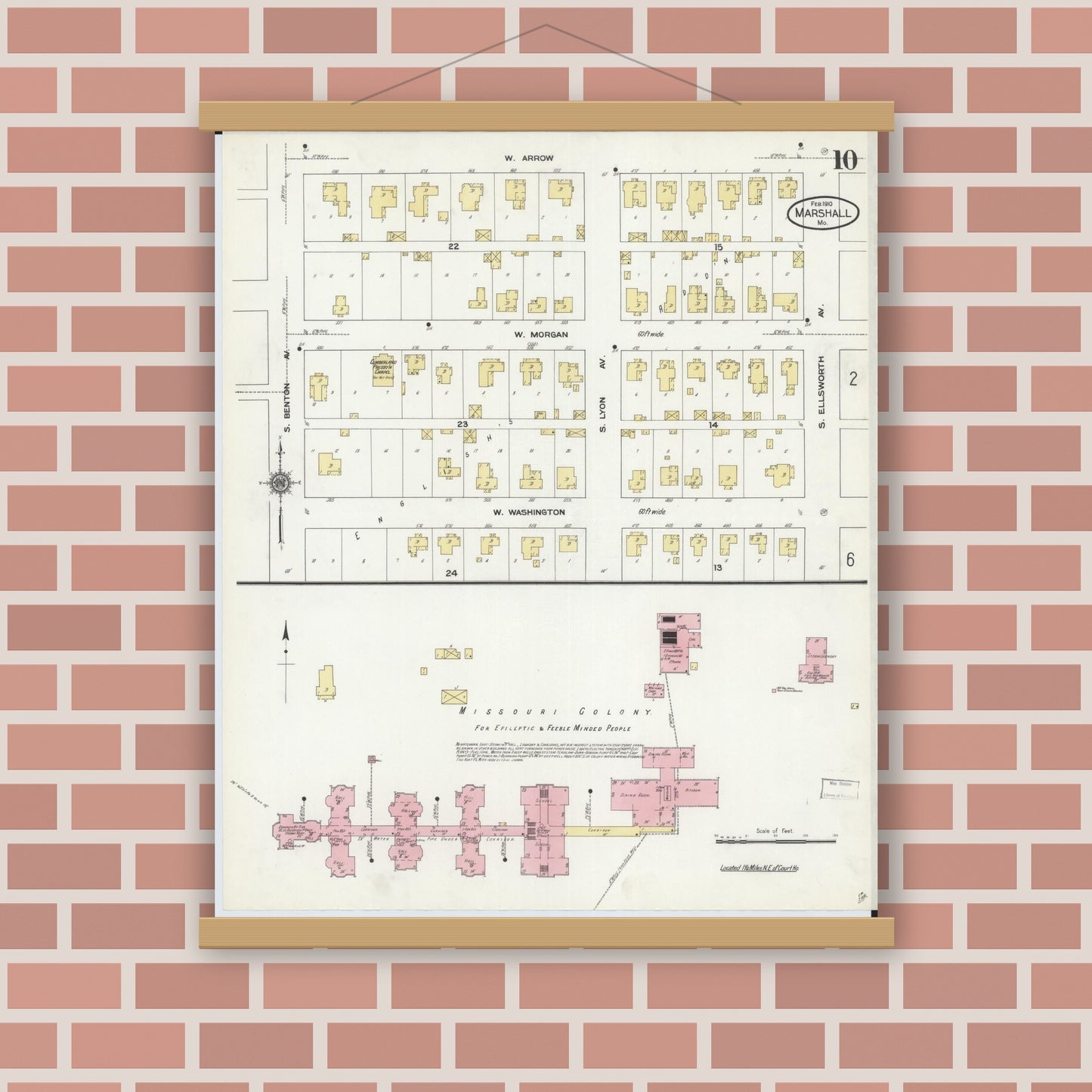 Old map wall art mockup — magnetic wood frame on brick wall — Sanborn Fire Insurance Map from Marshall, Saline County, Missouri (1910), Sheet #0010
