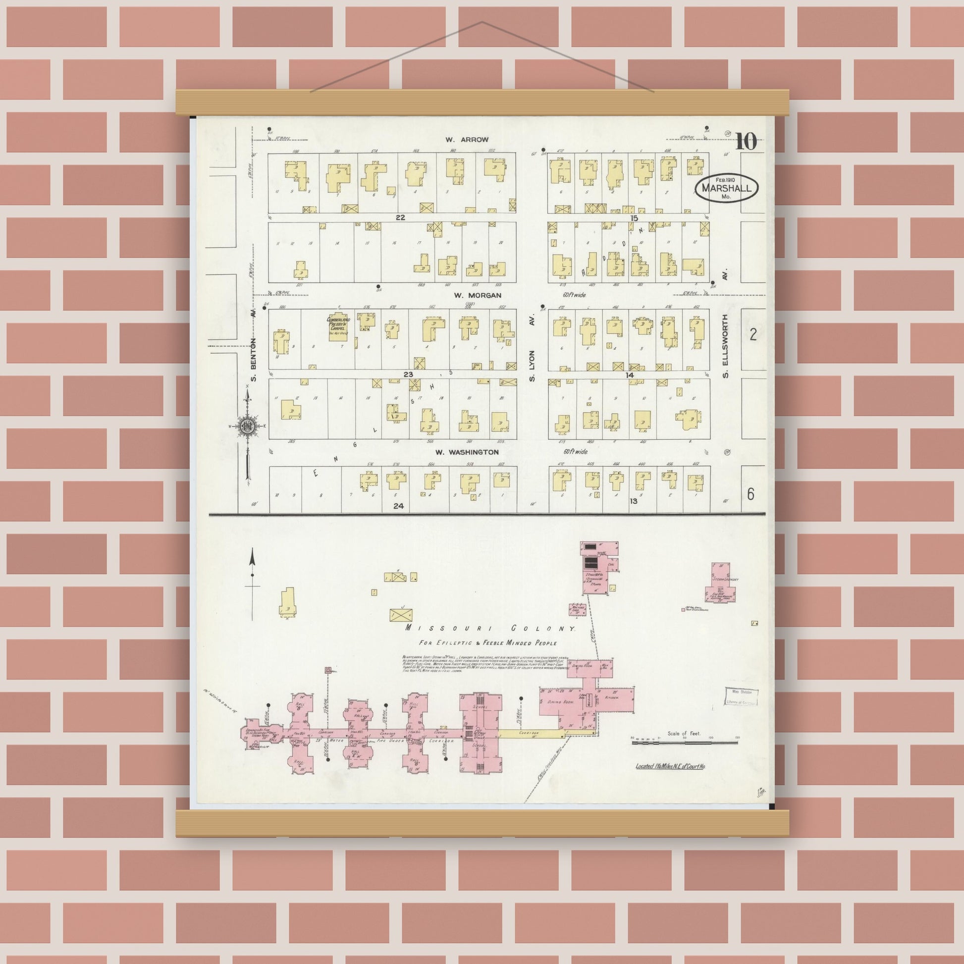 Old map wall art mockup — magnetic wood frame on brick wall — Sanborn Fire Insurance Map from Marshall, Saline County, Missouri (1910), Sheet #0010