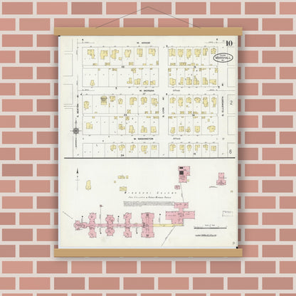 Old map wall art mockup — magnetic wood frame on brick wall — Sanborn Fire Insurance Map from Marshall, Saline County, Missouri (1910), Sheet #0010