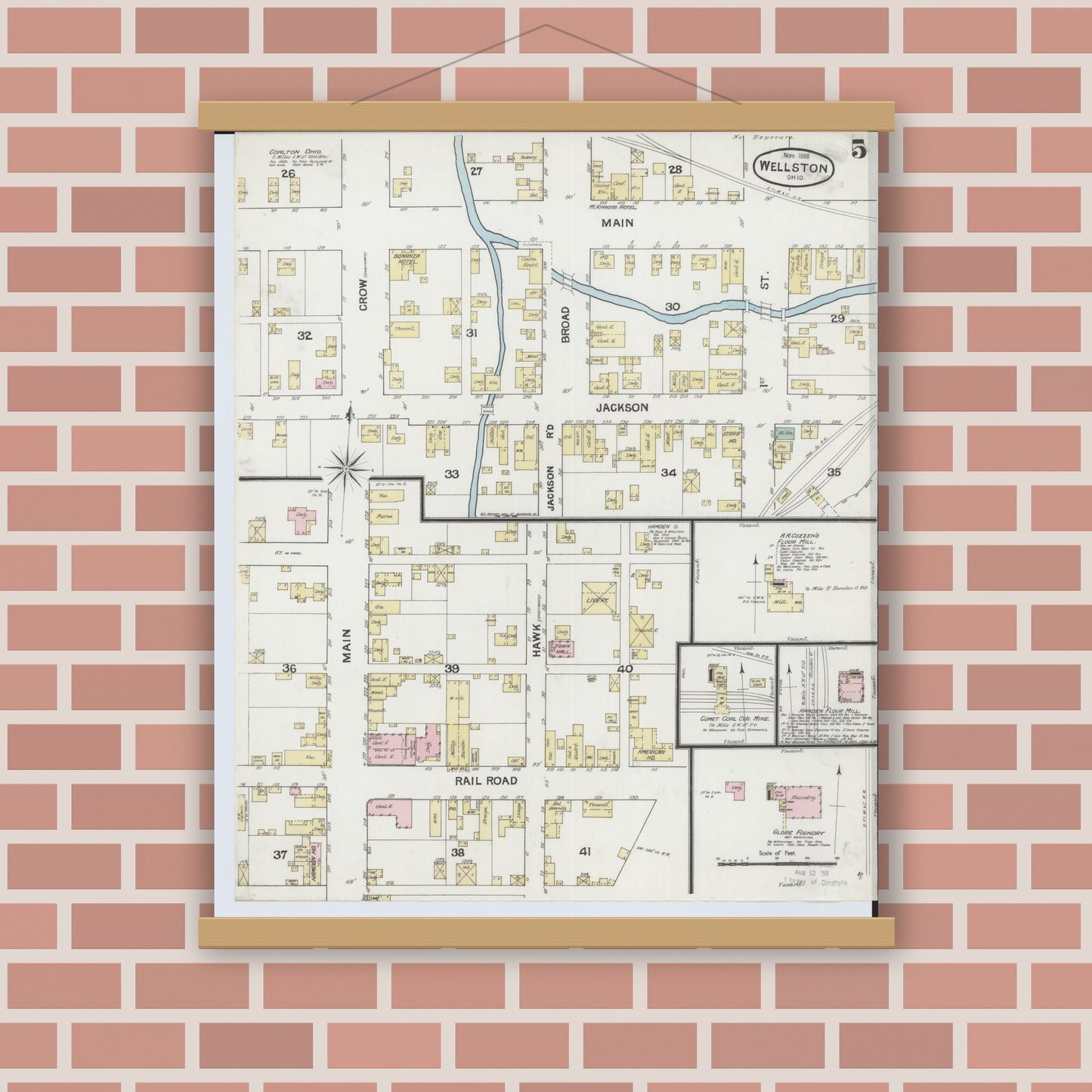 Old map wall art mockup — magnetic wood frame on brick wall — Sanborn Fire Insurance Map from Wellston, Jackson County, Ohio (1888), Sheet #0005