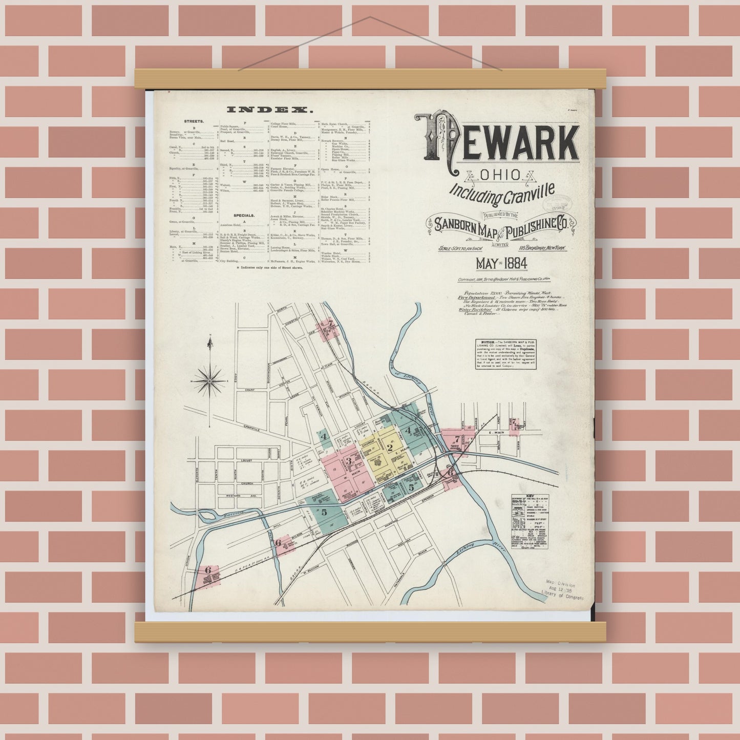 Old map wall art mockup — magnetic wood frame on brick wall — Sanborn Fire Insurance Map from Newark, Licking County, Ohio (1884), Sheet #0001
