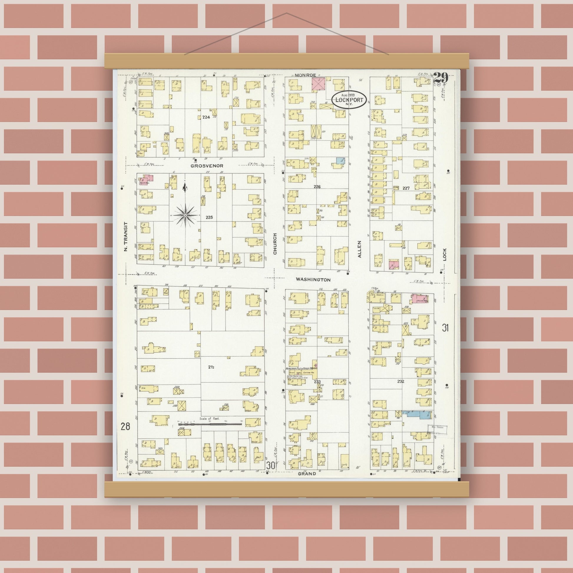 Old map wall art mockup — magnetic wood frame on brick wall — Sanborn Fire Insurance Map from Lockport, Niagara County, New York (1909), Sheet #0029