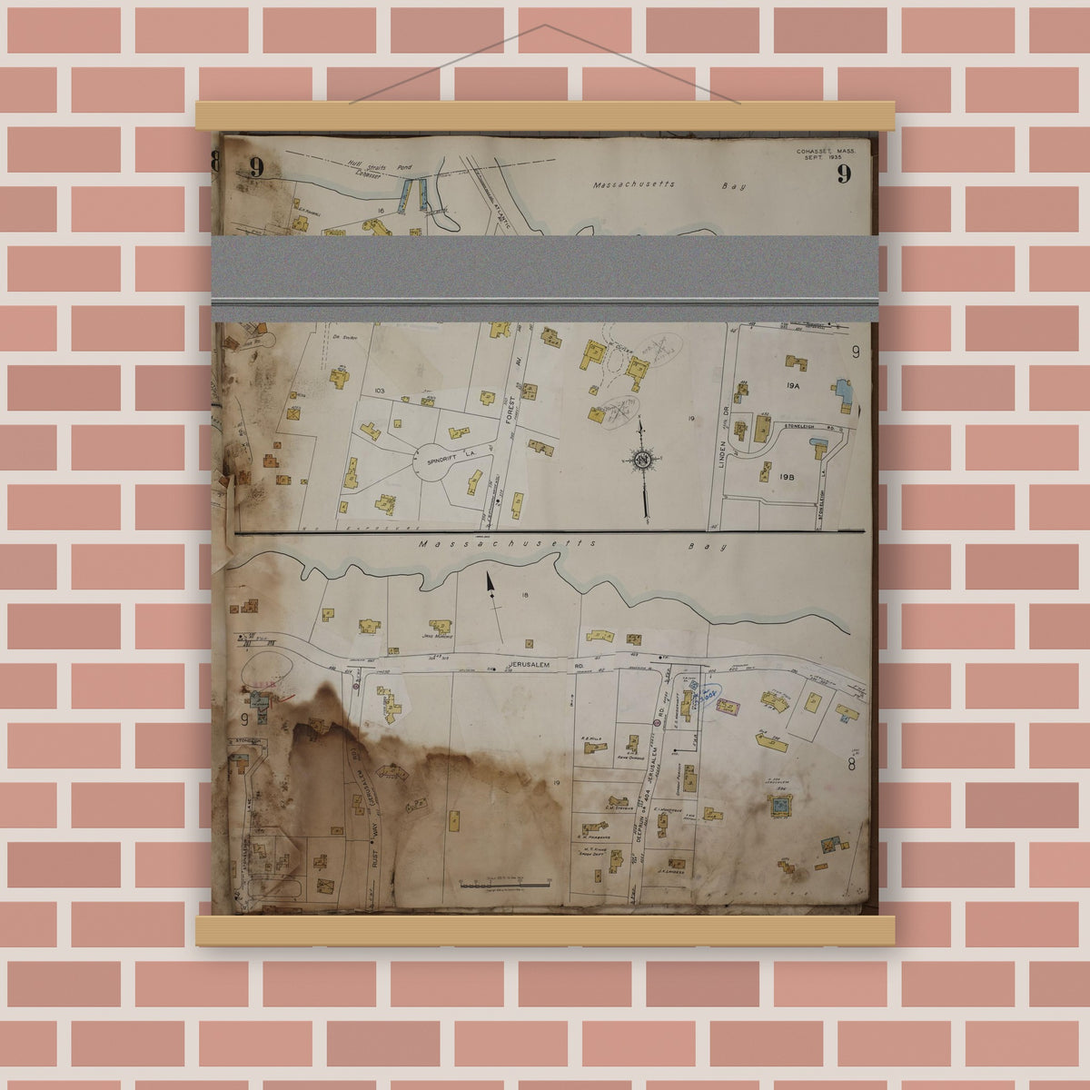 Old map wall art mockup — magnetic wood frame on brick wall — Sanborn Fire Insurance Map from Cohasset, Norfolk County, Massachusetts (1963), Sheet #0009
