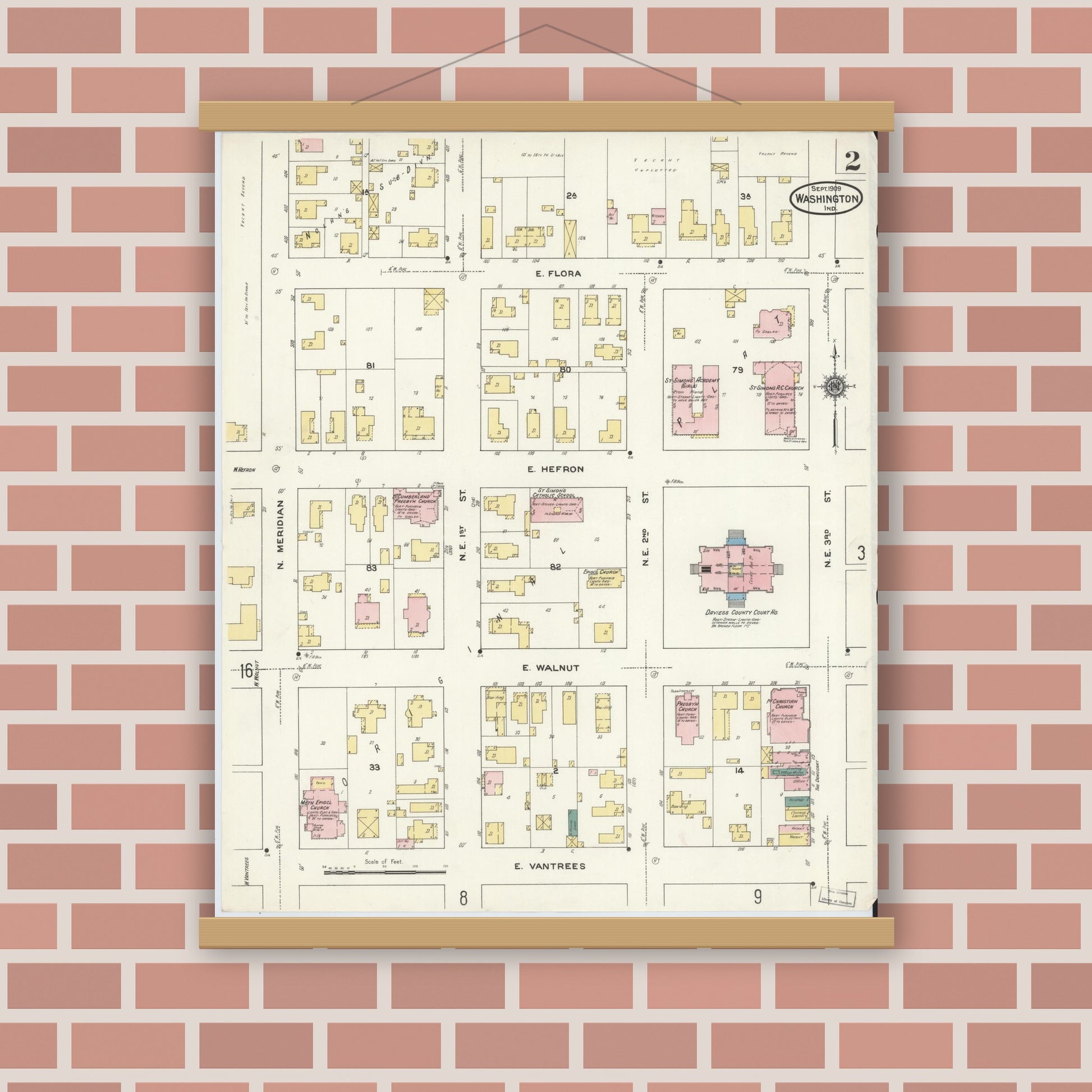 Old map wall art mockup — magnetic wood frame on brick wall — Sanborn Fire Insurance Map from Washington, Daviess County, Indiana (1909), Sheet #0002