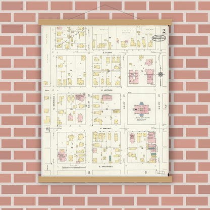 Old map wall art mockup — magnetic wood frame on brick wall — Sanborn Fire Insurance Map from Washington, Daviess County, Indiana (1909), Sheet #0002