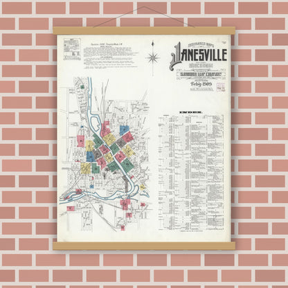 Old map wall art mockup — magnetic wood frame on brick wall — Sanborn Fire Insurance Map from Janesville, Rock County, Wisconsin (1909) - Complete Map Set