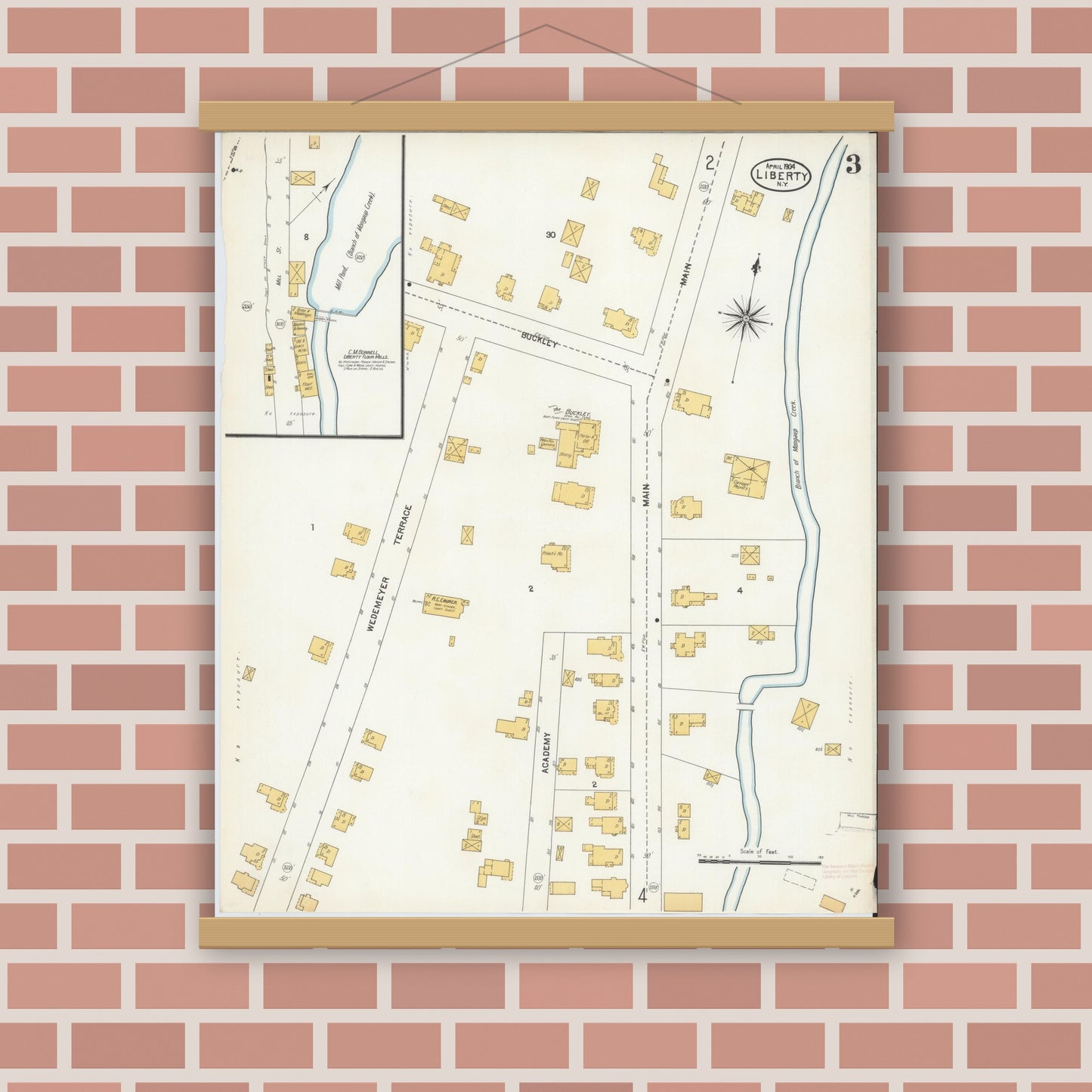 Old map wall art mockup — magnetic wood frame on brick wall — Sanborn Fire Insurance Map from Liberty, Sullivan County, New York (1904), Sheet #0003