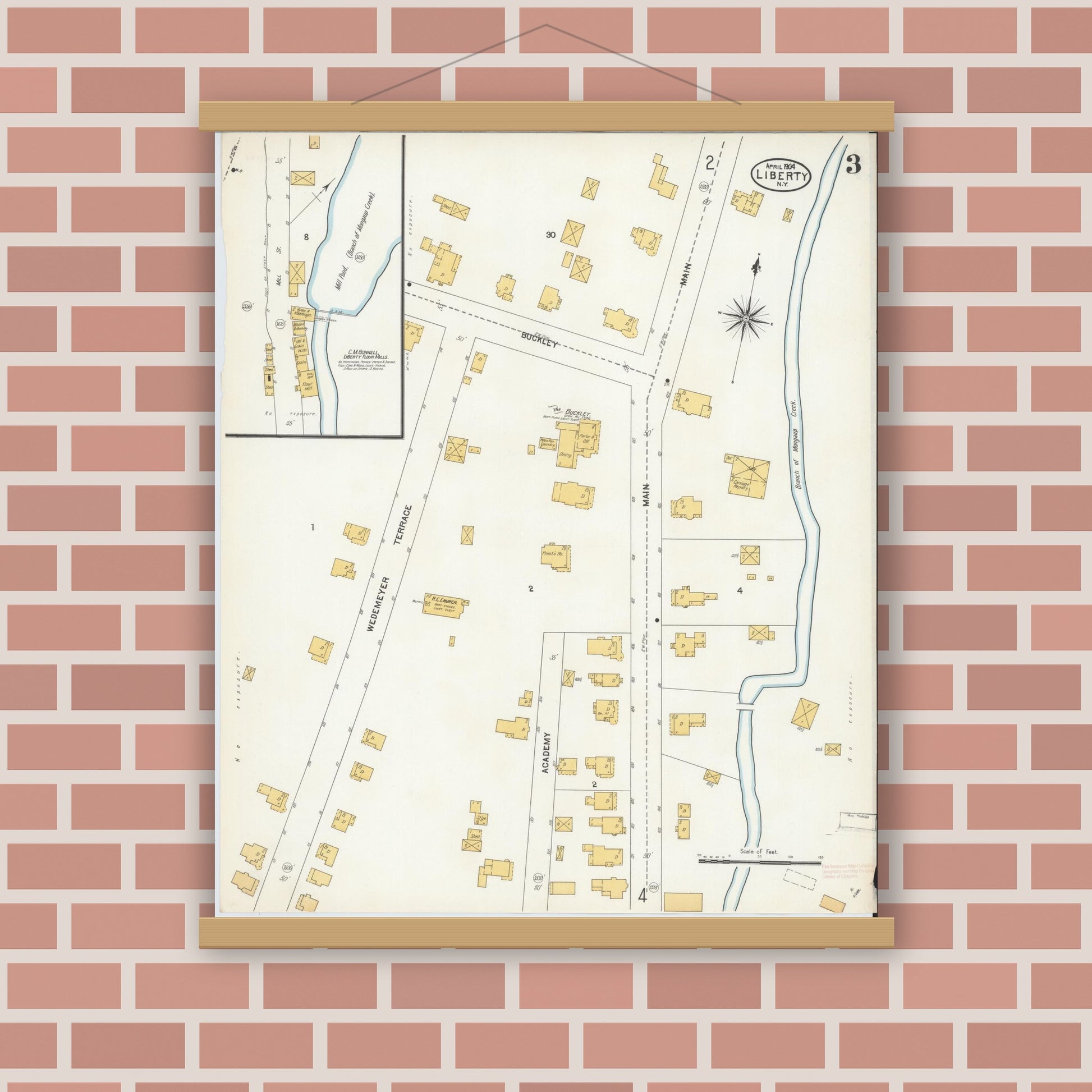 Old map wall art mockup — magnetic wood frame on brick wall — Sanborn Fire Insurance Map from Liberty, Sullivan County, New York (1904), Sheet #0003